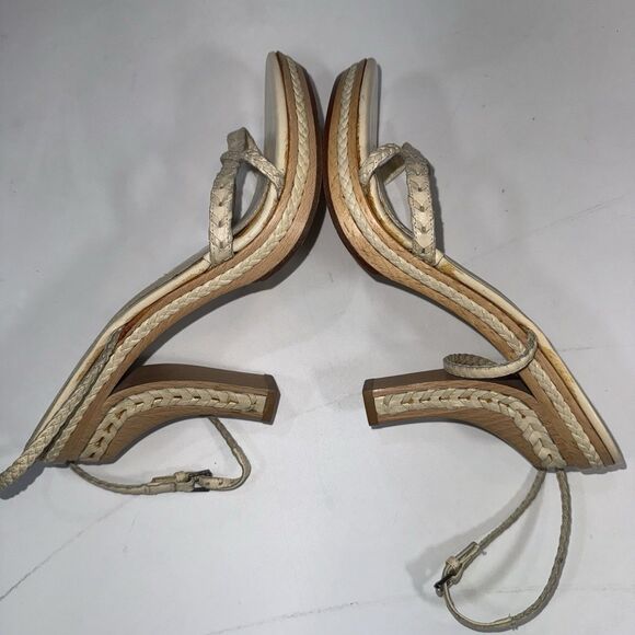 Dior Tan Leather Ankle Wrap Braided Sandals Wood Platform Women Size 11/ EUR 41 - Picture 8 of 10